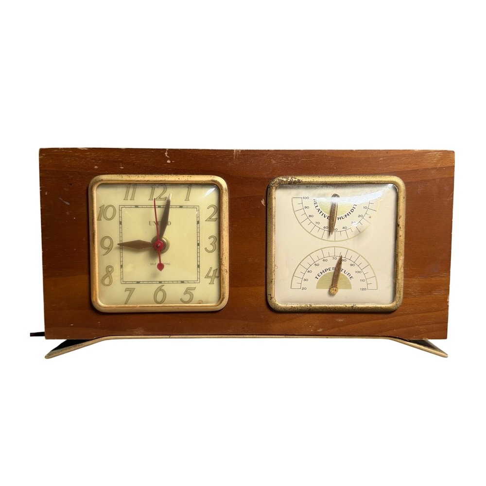 vtg United Clock Corp Model 101 Wood Desk Clock Weather Station Humidity Temp